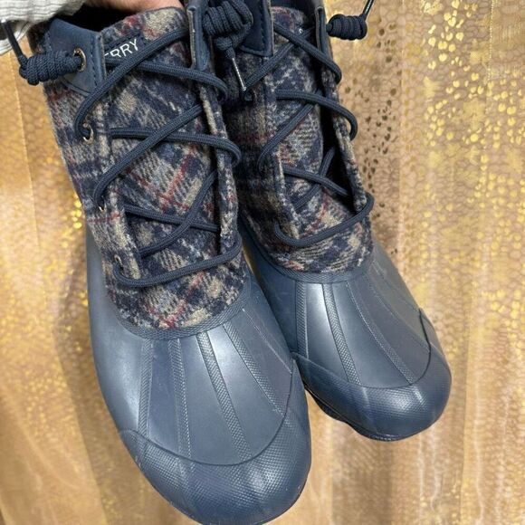 Sperry Navy Blue Saltwater Wool Plaid Duck Winter Boots Waterproof Snow Size 8 - Picture 3 of 8